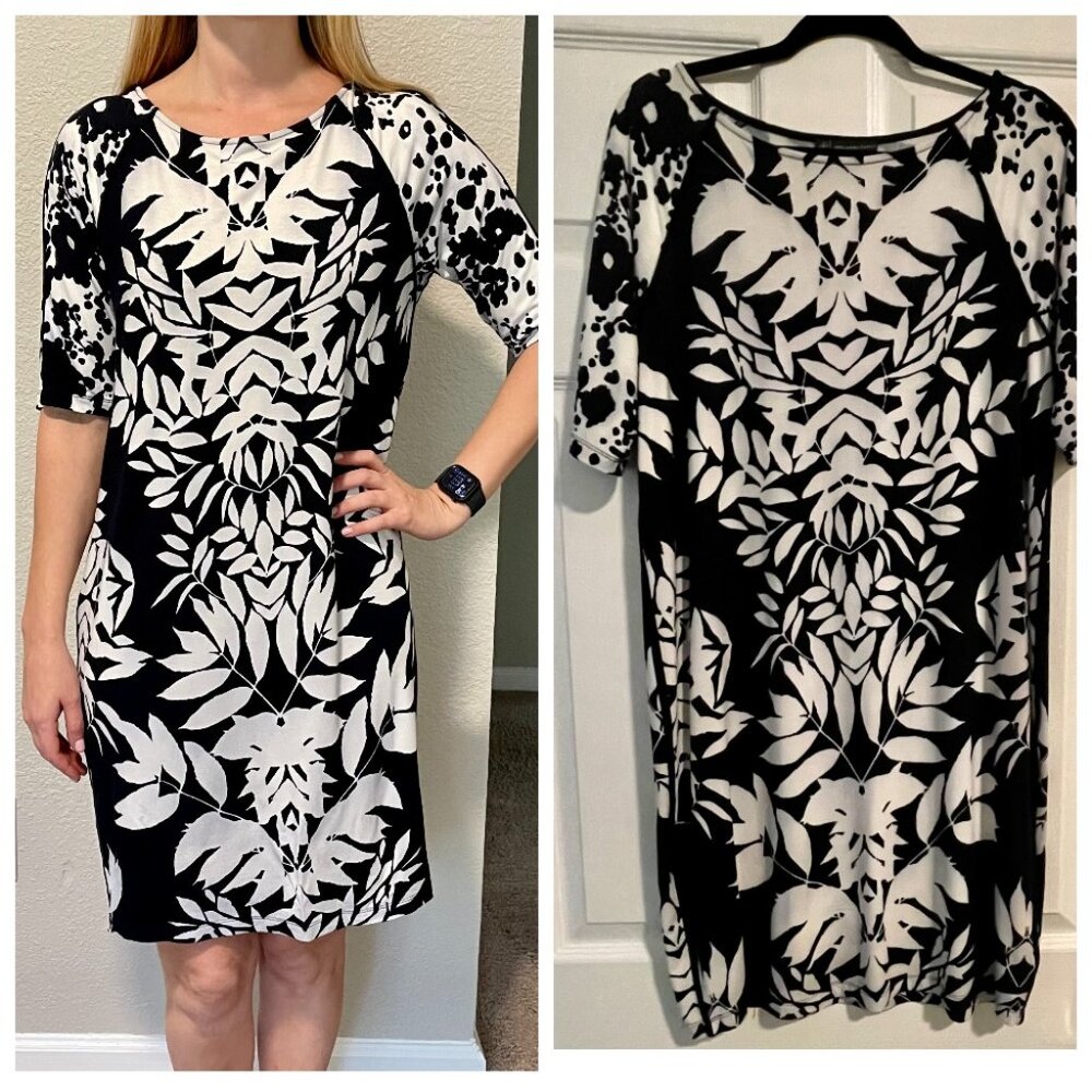 Adrianna Papell Black White Floral Shift Dress 3/4 Sleeve Jersey L LN
